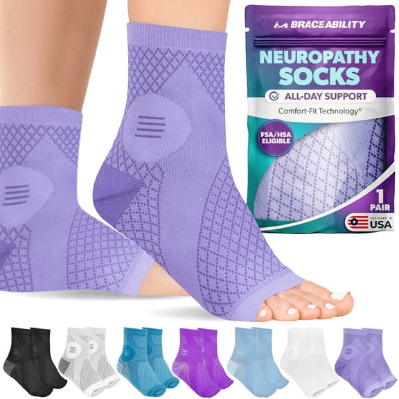 BraceAbility Neuropathy Compression Socks 20-30 mmHg Open Toe Circulation Support L, Lilac, 1 Pair