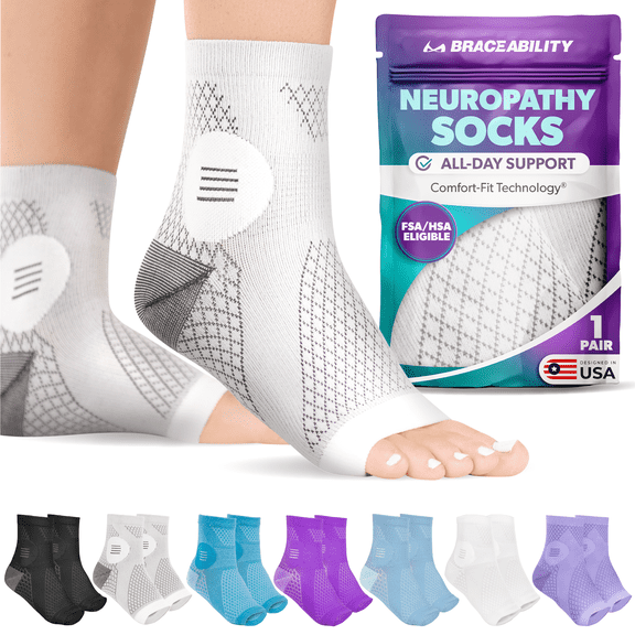 BraceAbility Neuropathy Compression Socks 20-30 mmHg Open Toe Circulation Support XL, Gray, 1 Pair