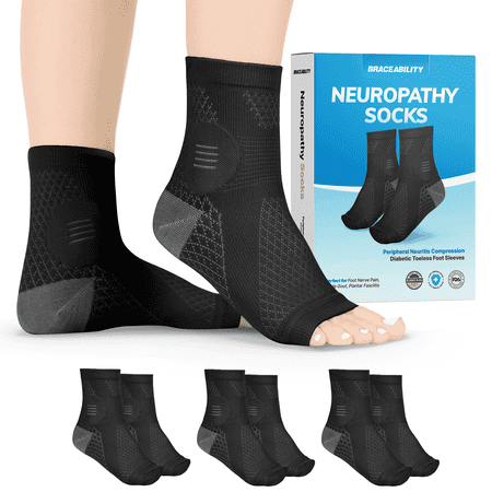 BraceAbility Neuropathy Compression Socks 20-30 mmHg Open Toe Circulation Support L, Black, 3 Pairs