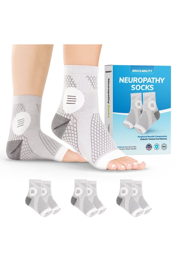 Neuropathy Compression Socks 20-30 mmHg Open Toe Circulation Support XL, Gray, 3 Pairs