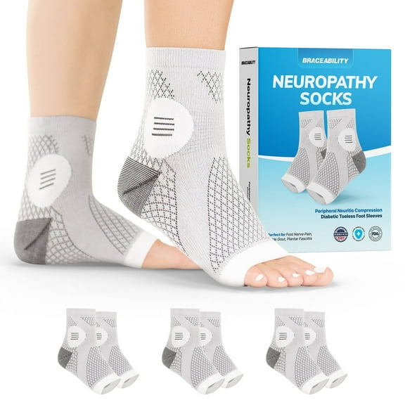 BraceAbility Neuropathy Socks - Open-Toe Compression Foot Sleeves for Diabetic Nerve Pain, Swelling, and Circulation Support (3 Pairs, S, Gray)