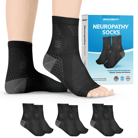 BraceAbility Neuropathy Socks - Open-Toe Compression Foot Sleeves for Diabetic Nerve Pain, Swelling, and Circulation Support (3 Pairs, S, Black)