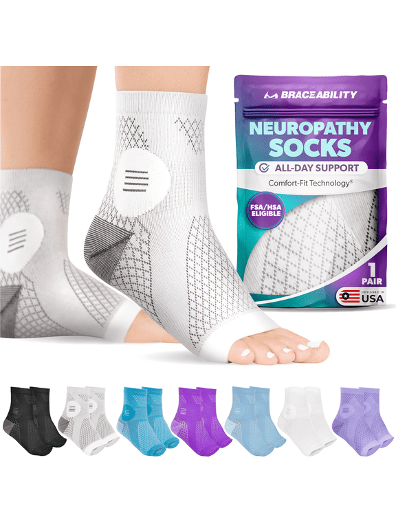 Neuropathy Compression Socks 20-30 mmHg Open Toe Circulation Support L, Gray, 1 Pair