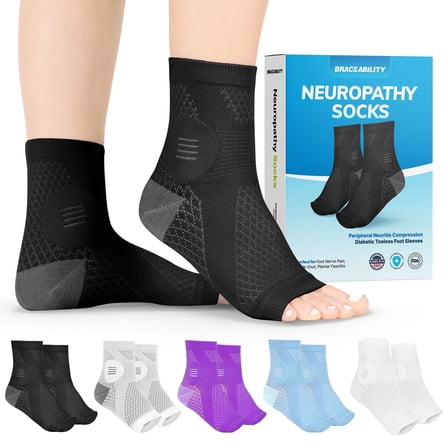 BraceAbility Neuropathy Socks - Open-Toe Compression Foot Sleeves for Diabetic Nerve Pain, Plantar Fasciitis, Swelling, Circulation Support (1 Pair, L, Black)