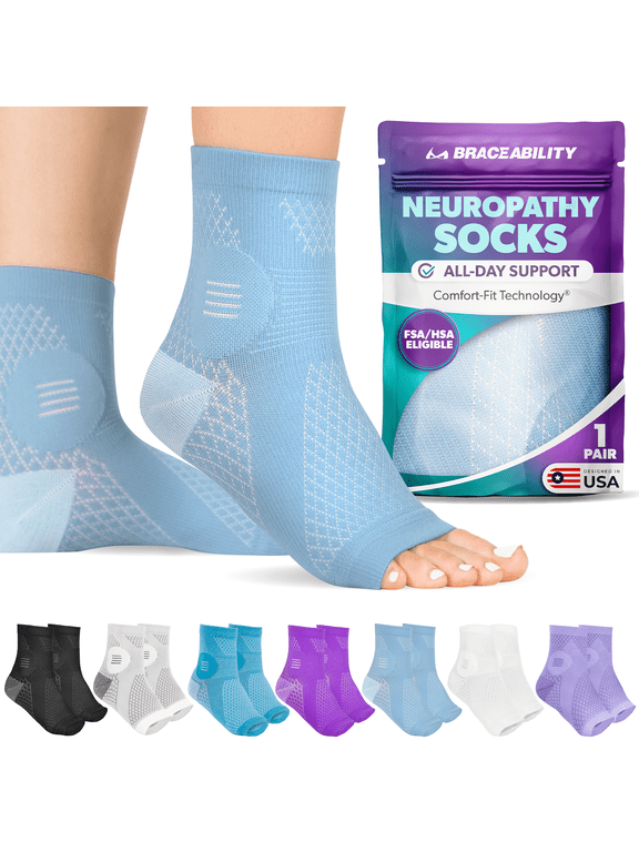 Neuropathy Socks - Open-Toe Compression Foot Sleeves for Diabetic Nerve Pain, Plantar Fasciitis, Swelling, Circulation Support (1 Pair, L, Light Blue)