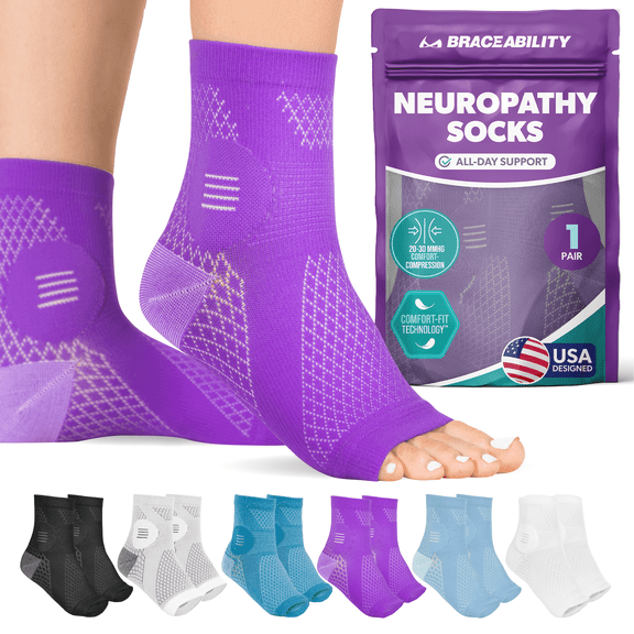 BraceAbility Neuropathy Compression Socks 20-30 mmHg Open Toe Circulation Support L, Purple, 1 Pair
