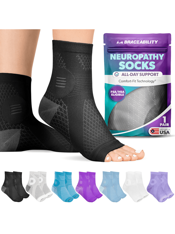 Neuropathy Compression Socks 20-30 mmHg Open Toe Circulation Support L, Black, 1 Pair