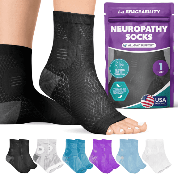 BraceAbility Neuropathy Compression Socks 20-30 mmHg Open Toe Circulation Support L, Black, 1 Pair
