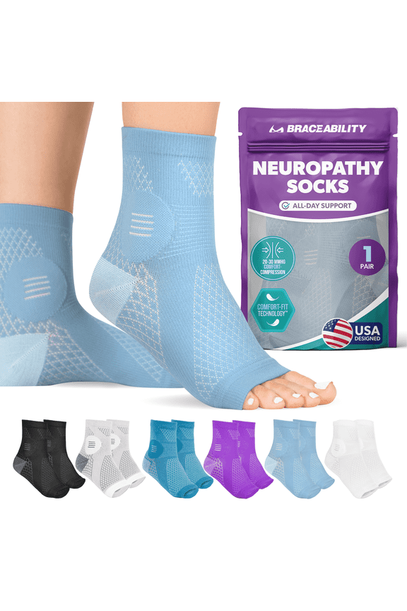 Neuropathy Compression Socks 20-30 mmHg Open Toe Circulation Support XL, Light Blue, 1 Pair