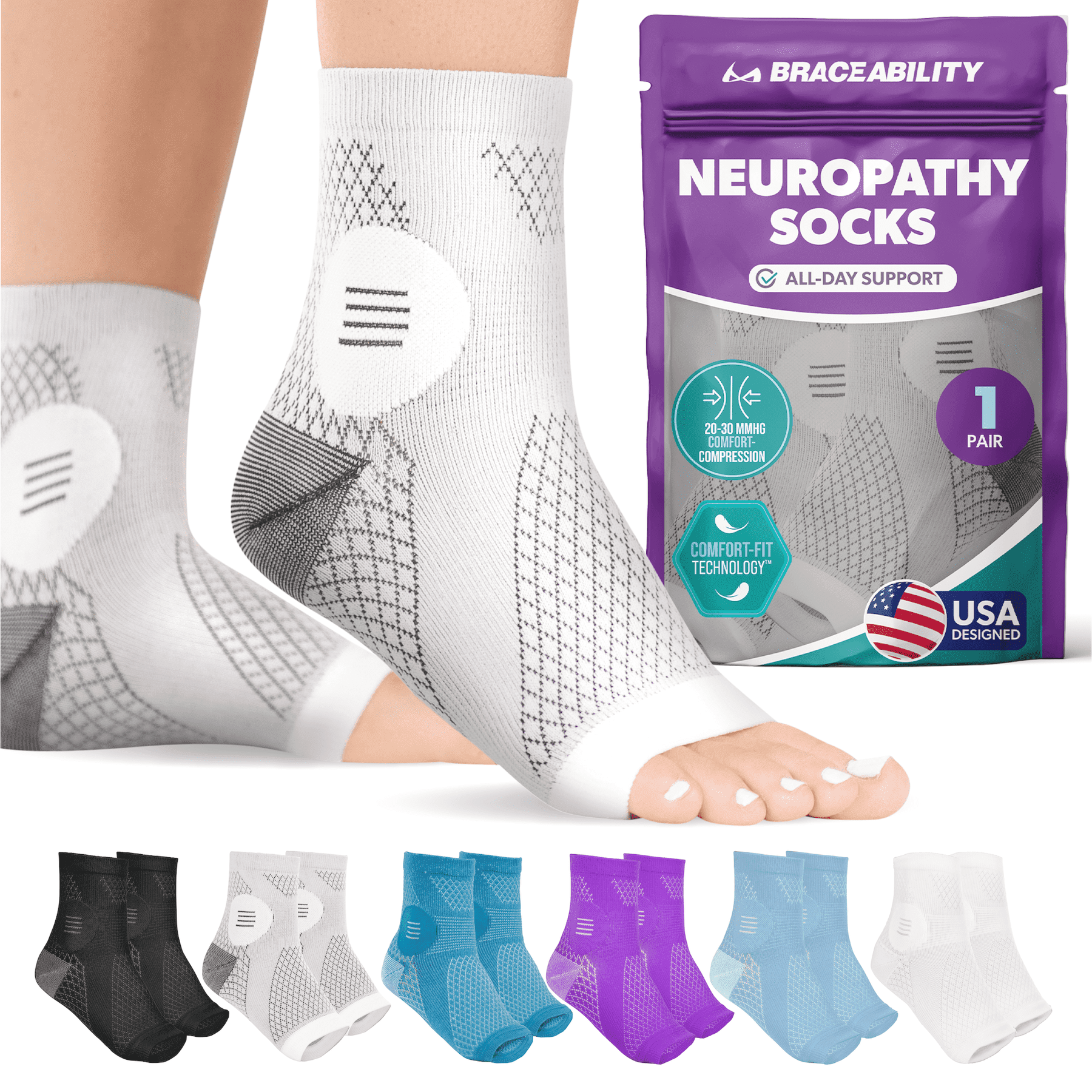 BraceAbility Neuropathy Compression Socks 20-30 mmHg Open Toe ...