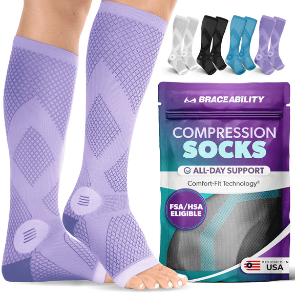 BraceAbility Open Toe Knee High Compression Socks 20-30 mmHg for Circulation Support, S, Lilac, 1 Pair