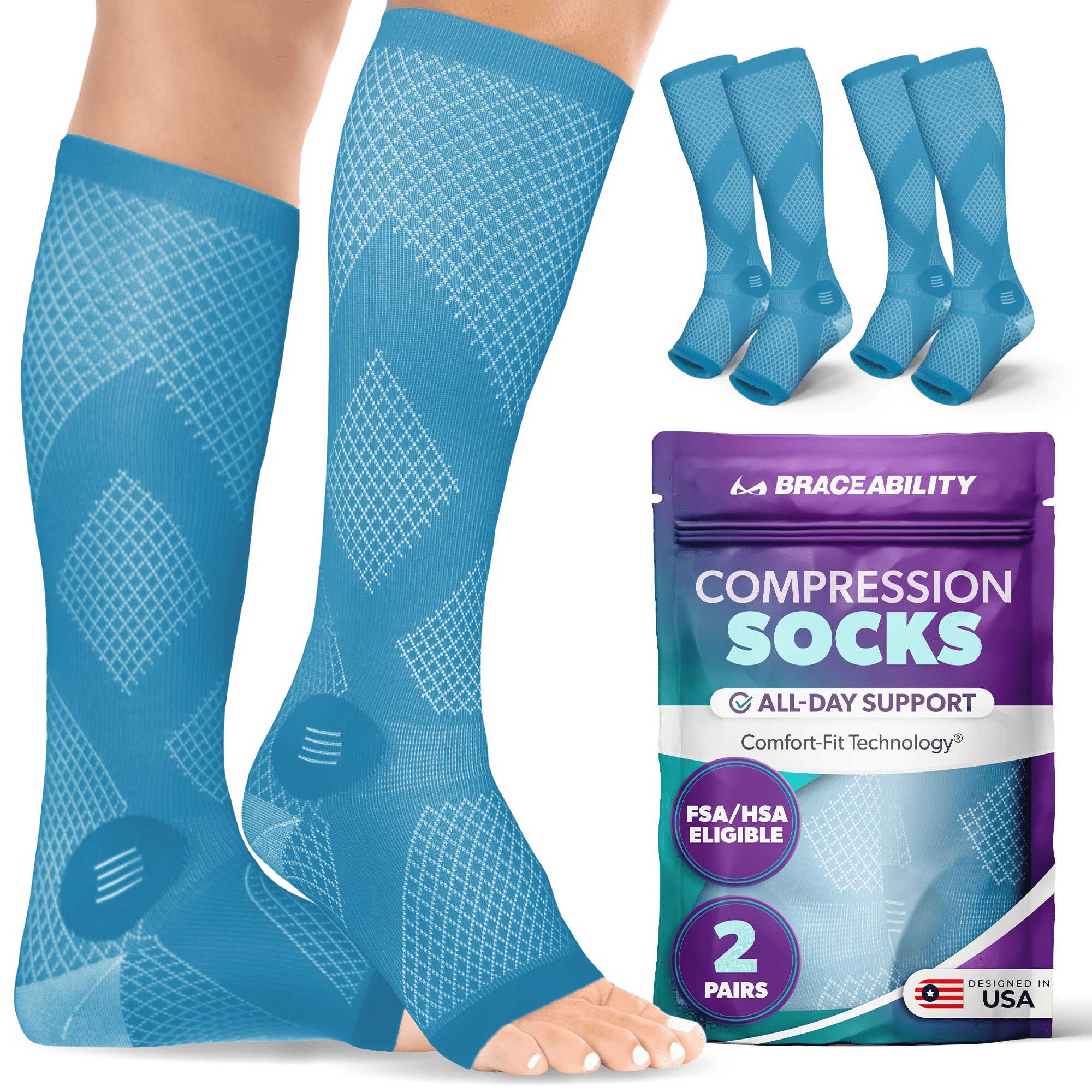 BraceAbility Open Toe Knee High Compression Socks 20-30 mmHg for ...