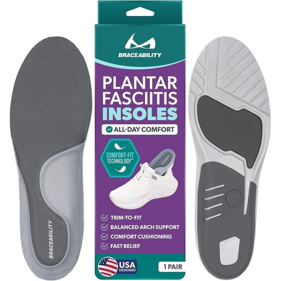BraceAbility Plantar Fasciitis Insoles - Arch Support Shoe Inserts for Heel Spurs, Achilles Tendonitis, High Arches and Foot Pain Relief (M)