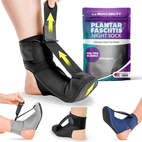 BraceAbility Plantar Fasciitis Night Splint Sock for Foot Pain Relief, Adjustable Dorsiflexion, Black, Medium