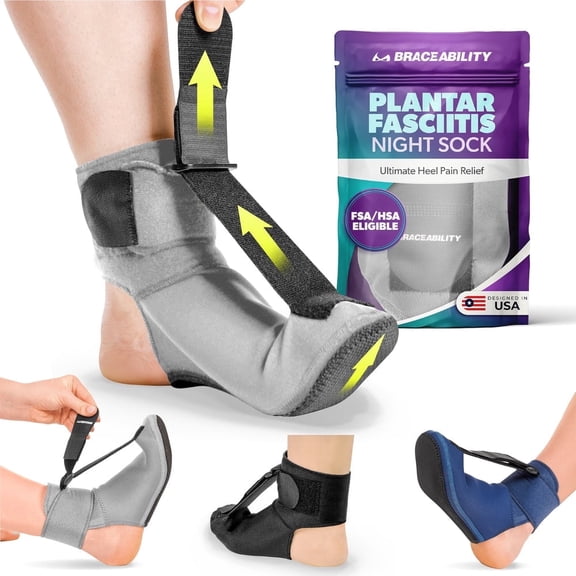BraceAbility Plantar Fasciitis Night Splint Sock for Foot Pain Relief, Adjustable Dorsiflexion Support, Gray, Medium