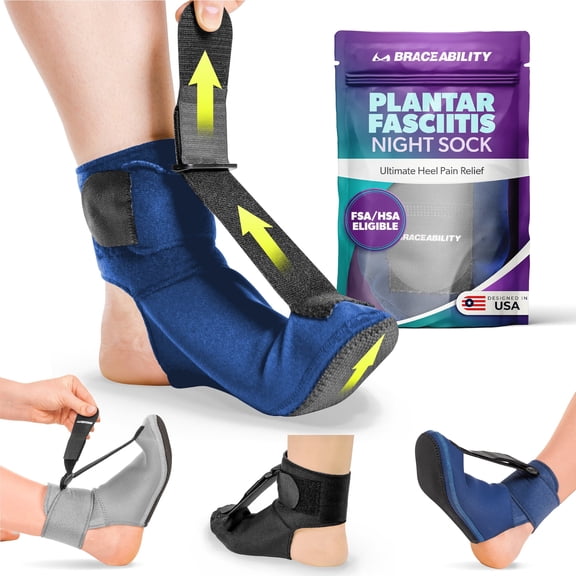 BraceAbility Plantar Fasciitis Night Splint Sock for Foot Pain Relief, Adjustable Dorsiflexion Support, Navy, Small