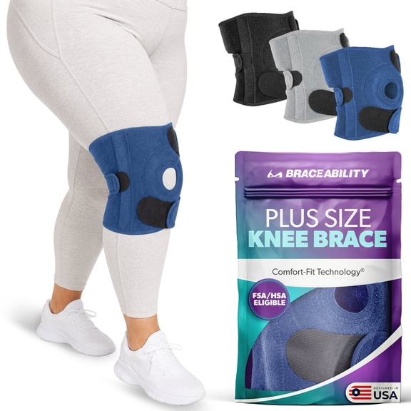 BraceAbility Plus Size Knee Brace for Women and Men, 2XL 3XL Adjustable Knee Support, Arthritis, Side Stabilizers, Open Patella, Navy