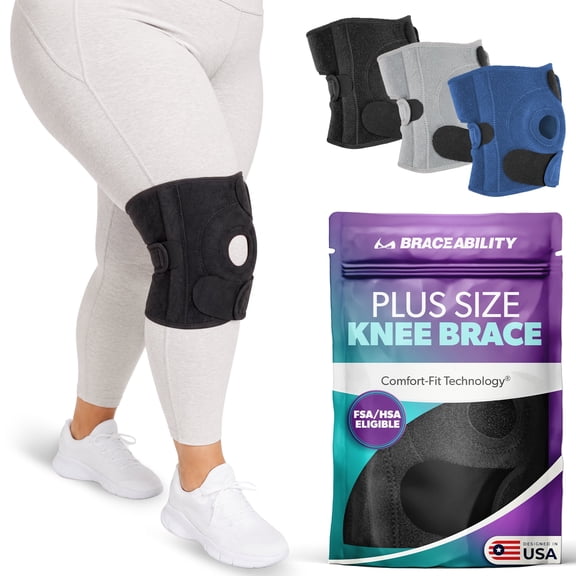 BraceAbility Plus Size Open Patella Knee Brace for Women and Men, Wrap-Around Fit for Meniscus, Arthritis, Big Thighs, 2XL 3XL, Black