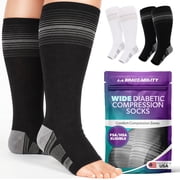 BraceAbility Wide Calf Knee High Diabetic Compression Socks, 20-30 mmHg Over the Calf Neuropathy Socks for Swollen Legs, Black, XL/2XL Wide, 1 Pair
