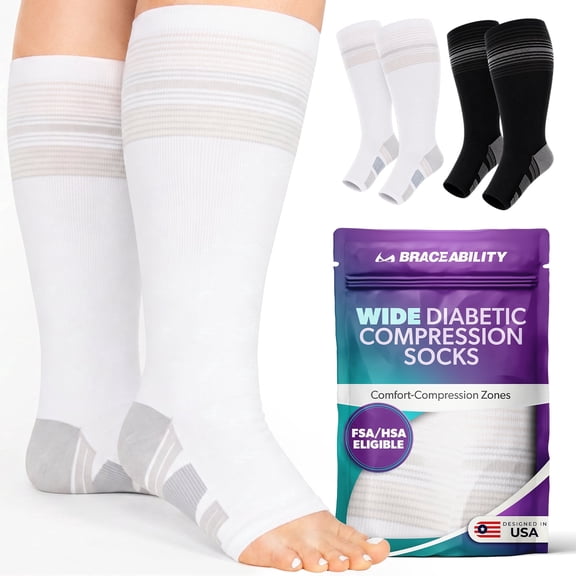 BraceAbility Wide Calf Knee High Diabetic Compression Socks, 20-30 mmHg Over the Calf Neuropathy Socks for Swollen Legs, White, M/L Wide, 1 Pair