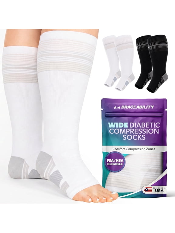 Wide Calf Knee High Diabetic Compression Socks, 20-30 mmHg Over the Calf Neuropathy Socks for Swollen Legs, White, XL/2XL Wide, 1 Pair