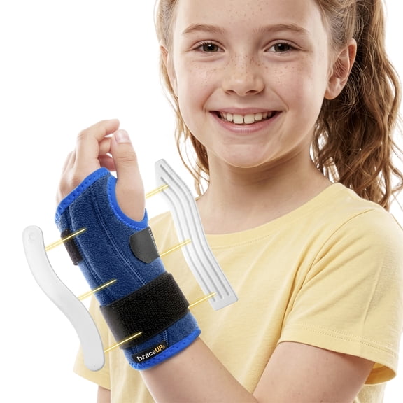 BraceUP Kids Wrist Brace with Dual Splints, Adjustable, Left Hand