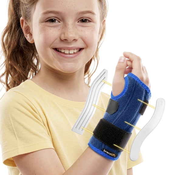 BraceUP Kids Wrist Brace with Dual Splints, Adjustable, Right Hand