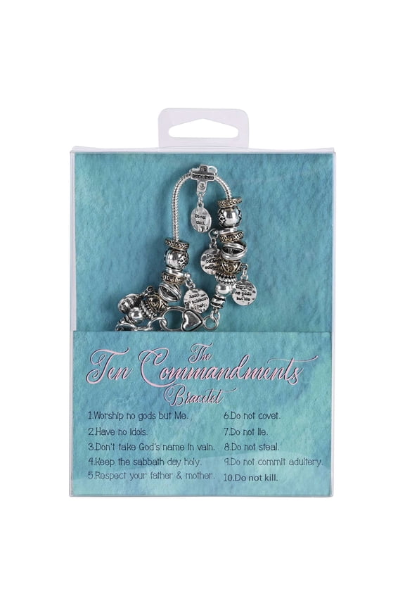 10 Commandments Engraved Women's One Size Silver Plated Stainless Steel Adjustable Beaded Bracelet in Presentation Box