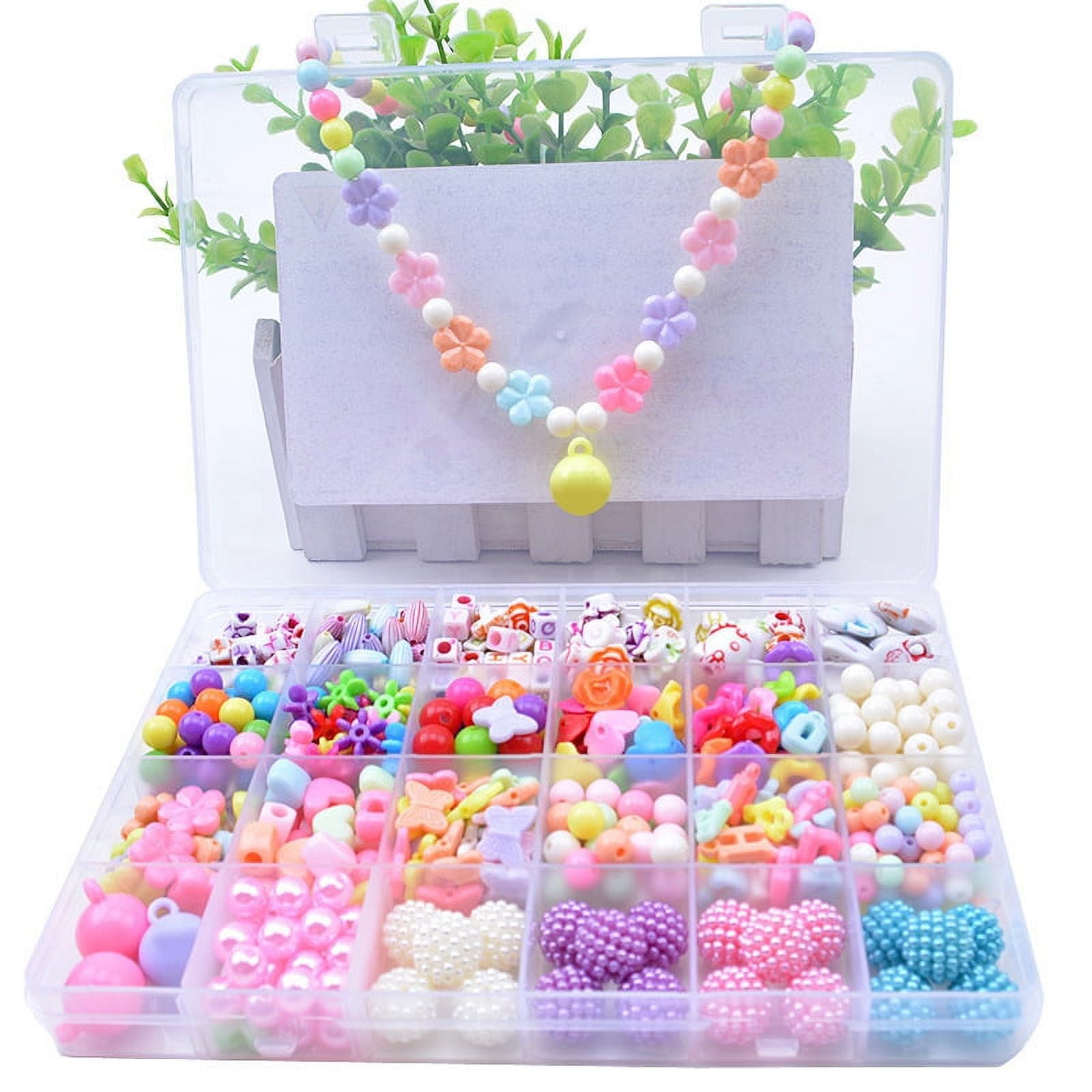DIY Beads Set with 4 Packs String 24 Different Types and Shapes Colorful Acrylic Beads in A Box for Children Necklace and Bracelet Crafts by STSTECH
