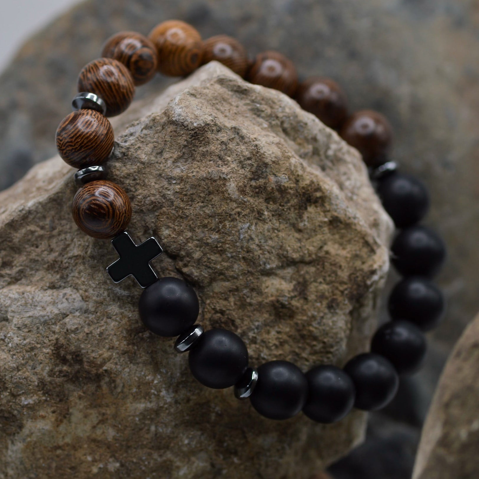 JAMES LAWRENCE COMPANY Bracelet-Eden Merry-Beaded-Cross-Wood/Black Onyx