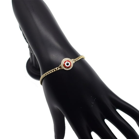 Bracelet For Women's - Red Evil Eye Charm Bracelet Miami Cuban Link 18k Real Gold Plated Layered 7.5"
