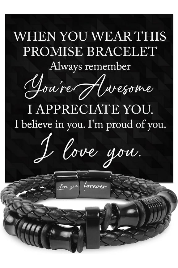 Bracelet Gifts For Men, Dad - Christmas, Birthday Gifts For Him - Double-Row Black Braided Leather Bracelet