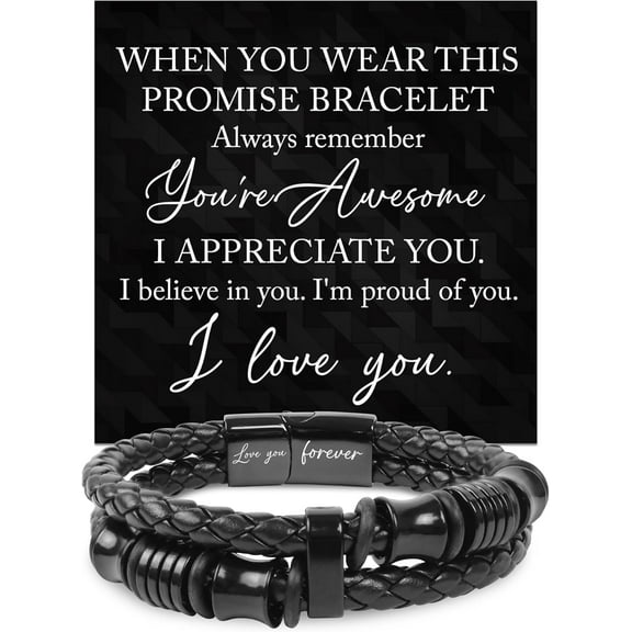 Bracelet Gifts For Men, Dad - Christmas, Birthday Gifts For Him - Double-Row Black Braided Leather Bracelet