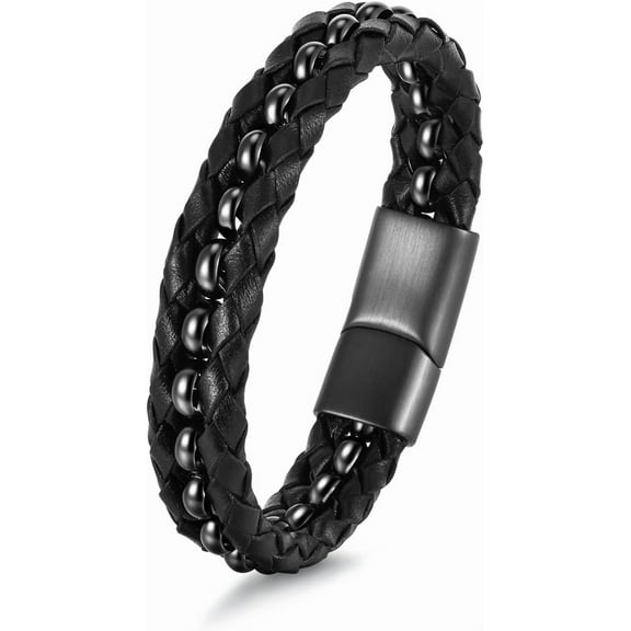 Bracelet Gifts for Men Black Braided Leather Stainless Steel Cuff Bracelets,Gift for Men Dad Husband Boyfriend Son Grandson Brother Nephew Uncle