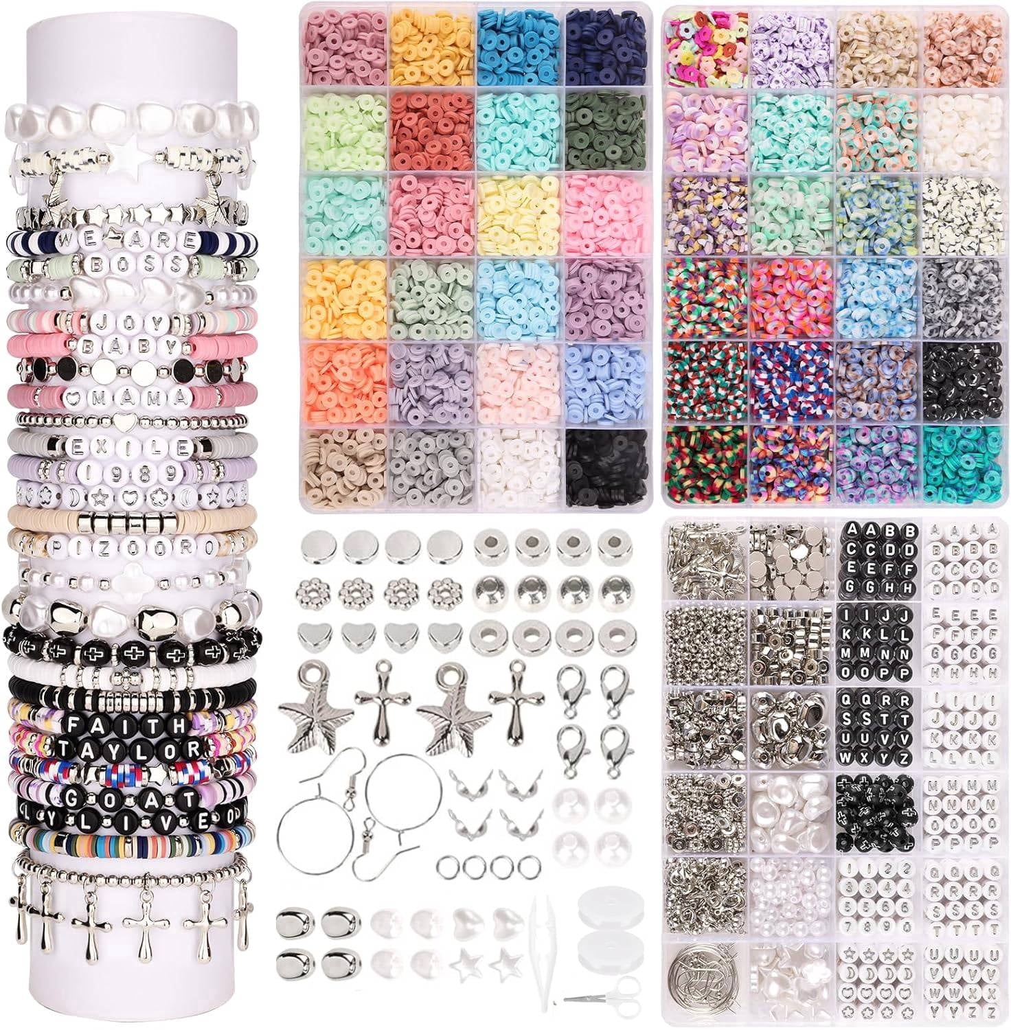 Gogcaro Jewelry Making Kit with Clay Beads, Crafting，Letter Beads, Cross Charm, Silver Earrings, 10000 Pieces