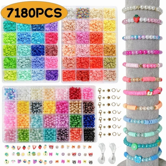 Bracelet Making Kit Flat Beads Pearl Beads for Jewelry Making Kit, 6mm Bead DIY Arts and Crafts Kit Gifts Christmas Birthday 7180Pcs