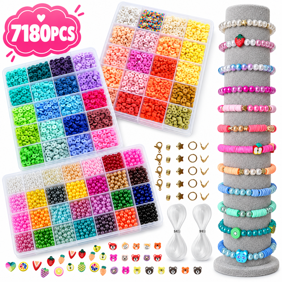 Bracelet Making Kit Flat Beads Pearl Beads for Jewelry Making Kit, 6mm Bead DIY Arts and Crafts Kit Gifts Christmas Birthday 7180Pcs