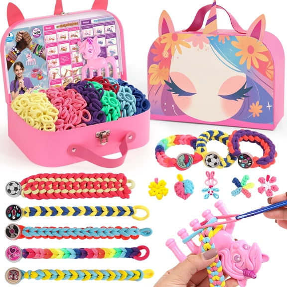 Bracelet Making Kit Gift for Girls Ages 8-12, 1200 Colorful Elastic Cloth Rubber Loom Bands Weaving Loom Bracelet Kit DIY Arts and Crafts Kit Toys Gifts for Girls 6 7 8 9 10 11 12 13 Year Old