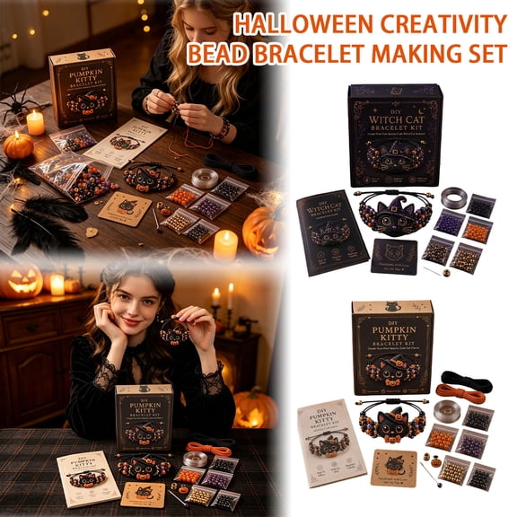 Bracelet Making Kit, Jewelry Beads, Halloween Beads, Bracelet Charms for Bracelet Making, All Inclusive Diy Halloween Beaded Bracelet Set with Black Cat Themed Charm, Pumpkin