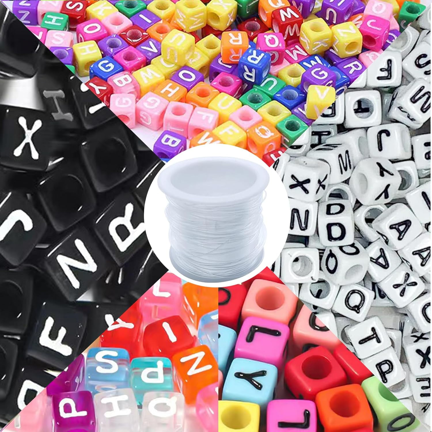 Bracelet Making Kit, Square Letter Beads, Word Beads for Bracelets, Bulk Colored Lettered Beads with Name Beads, for Keychain and Bracelet Making, Includes 1 Roll of 50M Crystal String Cord (6mm)
