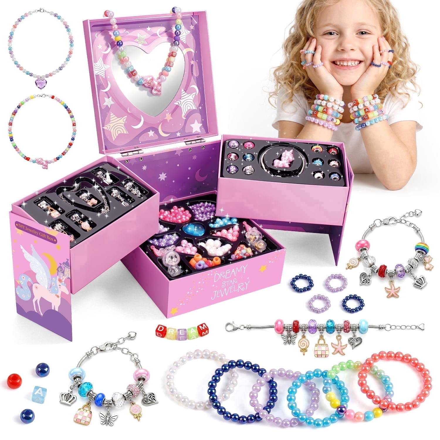 FUJILI Unicorn DIY Bead Jewelry Kit for Girls, Bracelet and Necklace Making Set with Mirror, Elastic Cord & Colorful Beads, Creative Craft Toy Gift for Ages 8-12