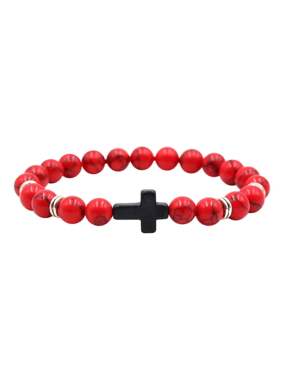 Bracelet,Natural Stone Black Elastic Thread Bracelet ,Natural Stone Healing Cross Christian Prayer Elastic Bracelets for Women Men Good Luck Protection Amulet Jewelry Gifts,Red