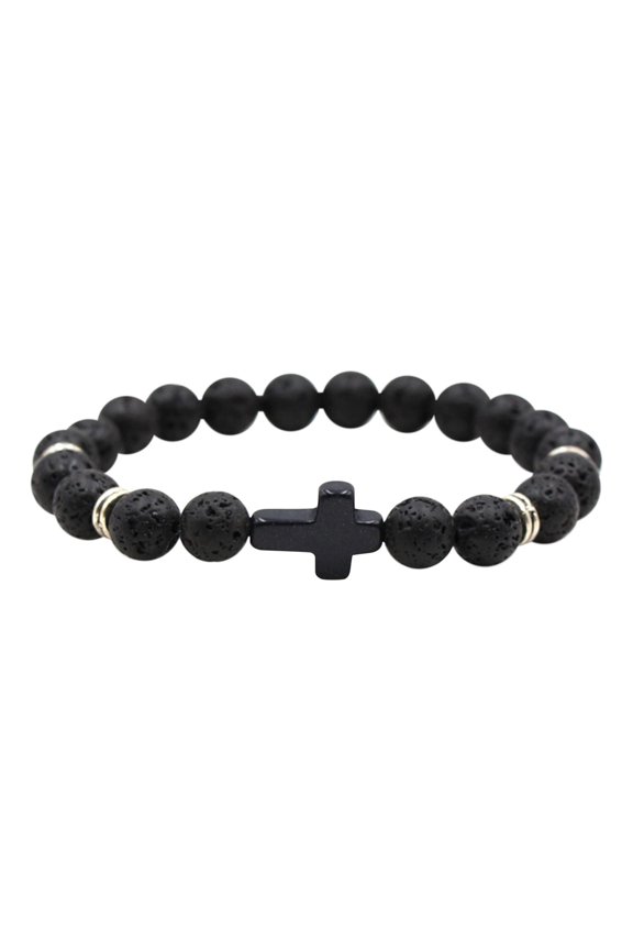 Bracelet,Natural Stone Black Elastic Thread Bracelet ,Natural Stone Healing Cross Christian Prayer Elastic Bracelets for Women Men Good Luck Protection Amulet Jewelry Gifts,Black