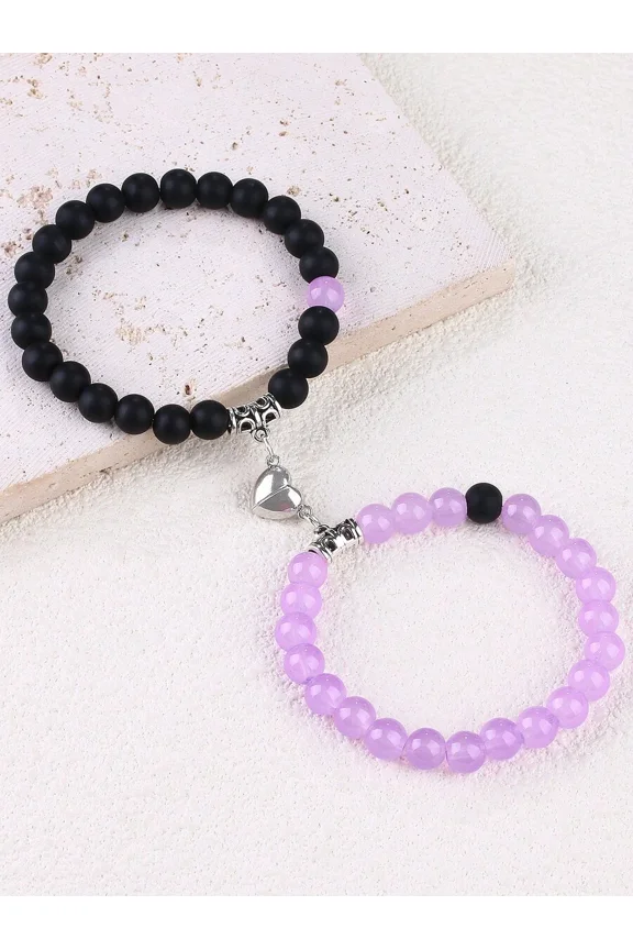 Bracelet Set J1298 With Heart Charm - Black And Lilac
