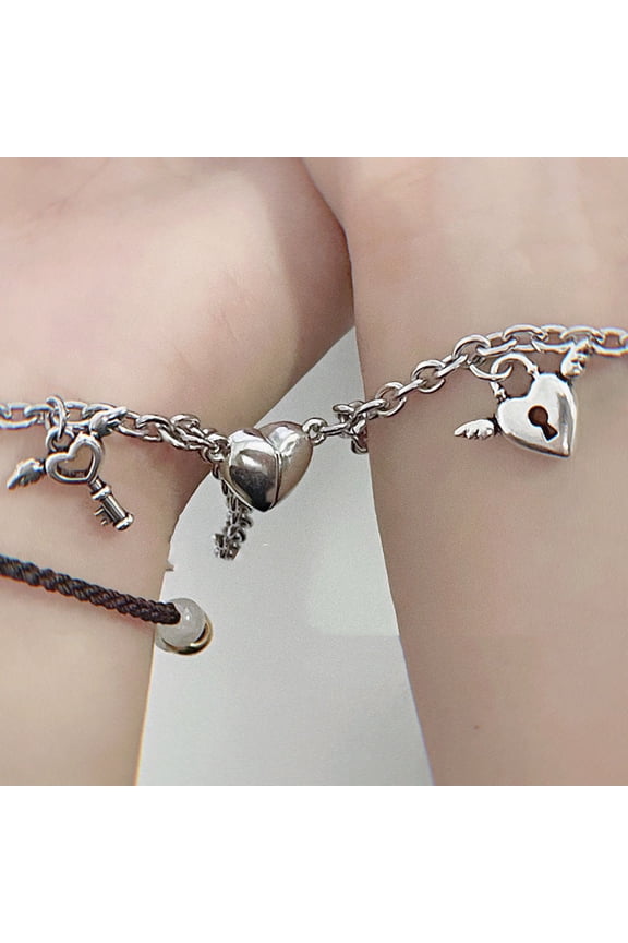 Couple Bracelet with Magnet Lock Key Design Heart Shaped Alloy Matching Bracelets Him and Her Friendship Jewelry Gifts