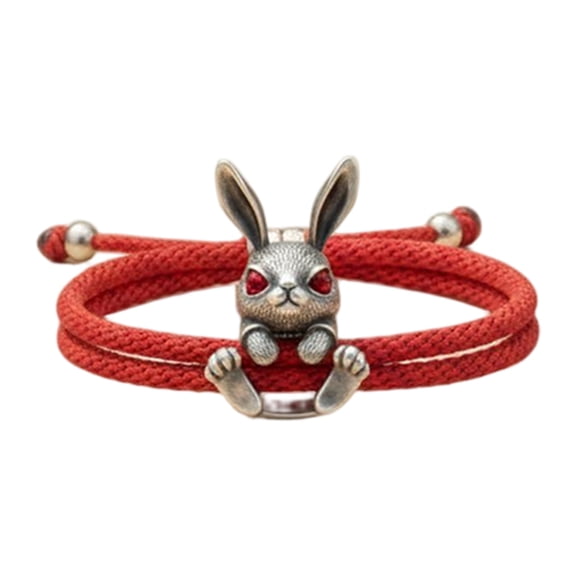 Bracelet String, Black String, Cord, Rabbit, Bunny Bunny, Adjustable, Silver Charm, Red Braided, Wrist Decor, 6-11 In, 1 Pc