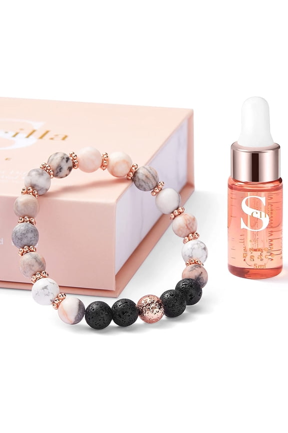 Bracelet for Women - Zebra Jasper, Rose Gold Flowers and Lava Rock - Beaded Bracelet and Lavender Essential Oils - Aromatherapy Crystals - Handmade Meditation Accessories