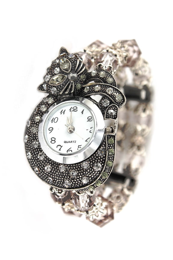 Bracelet Women's Quartz Watch - Kitty Frame Design w / Rhinestones and Beaded - Smoke Black - WT-KH01407BK