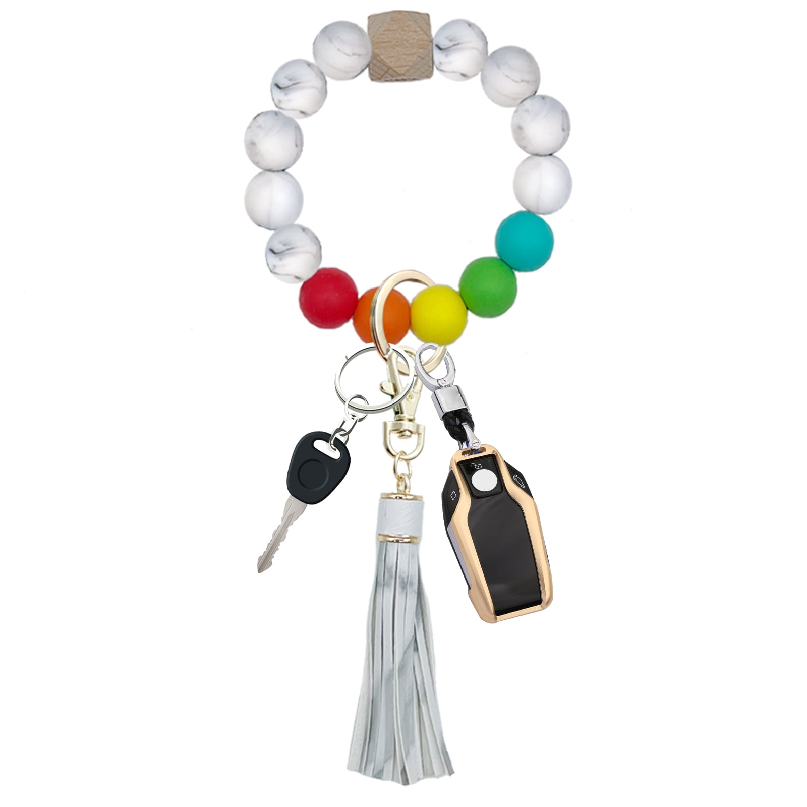 Bracelet Wristlet Keychain, Silicone Beaded Bangle Key Ring with Tassel ...
