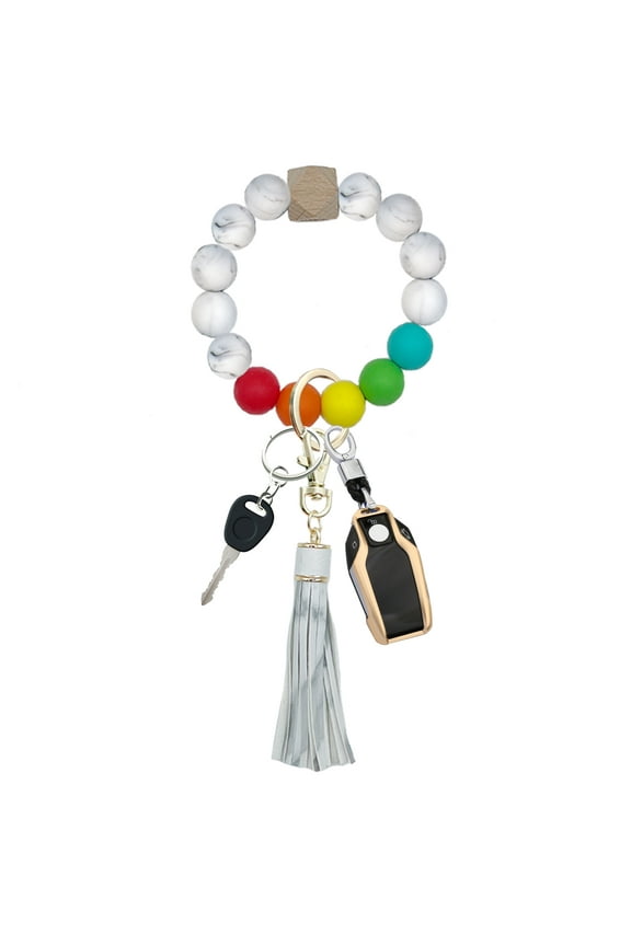 Bracelet Wristlet Keychain, Silicone Beaded Bangle Key Ring with Tassel, Mother's day Christmas Gift for Women